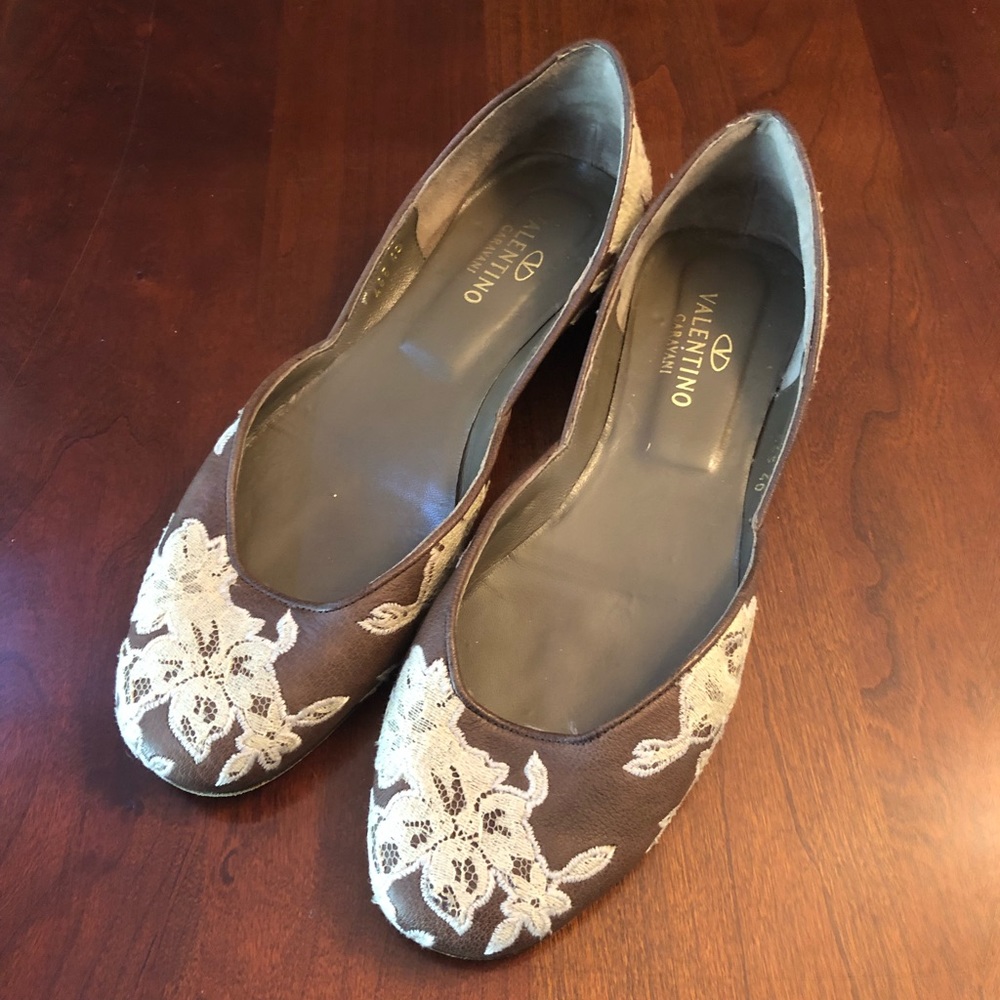 Pewter Valentino Leather Ballerina Flat with Lace